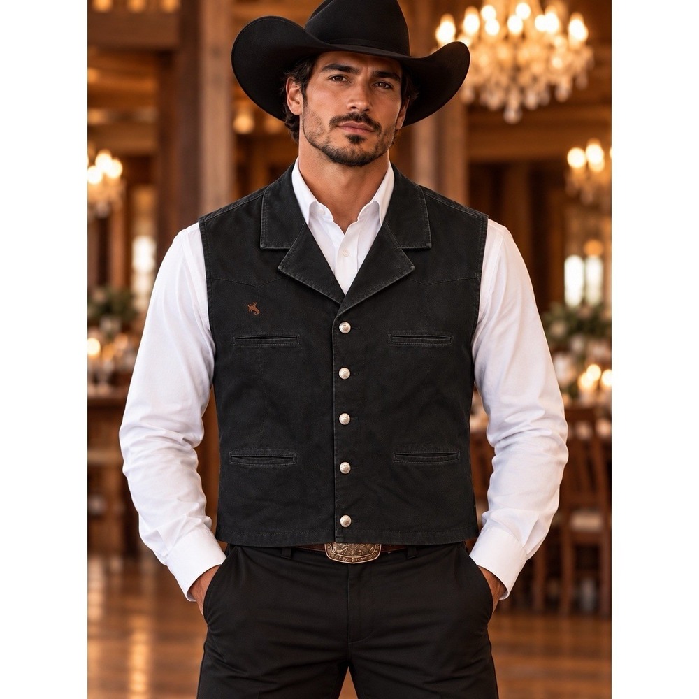 Wyoming Traders Black Canvas Western Vest Button Front Bronco Logo Men's XL